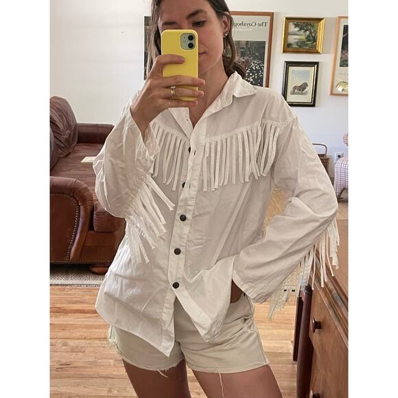 Vintage White Cotton Fringe Oversize Button Down - Picture 1 of 7